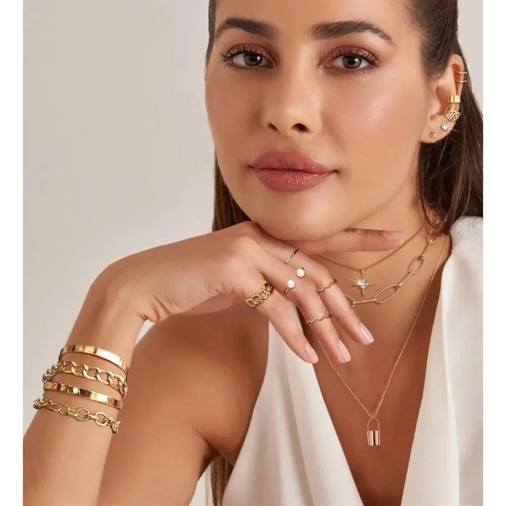 Golden Jewelry Set Women 124 pcs Layered Necklaces Bracelets Rings Earrings